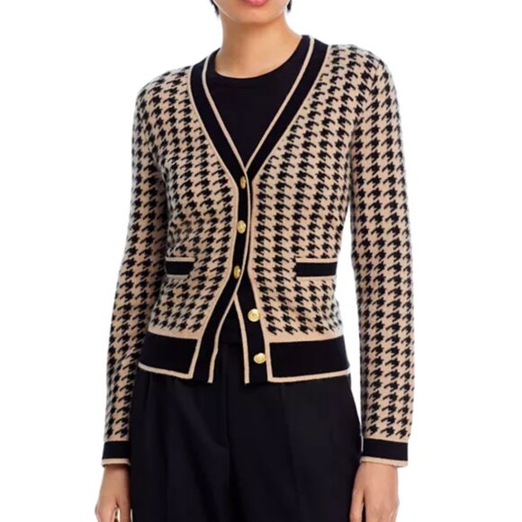 C by Bloomingdale's Cashmere Houndstooth Contrast Trim Cashmere Cardigan-Black/H - Picture 1 of 6